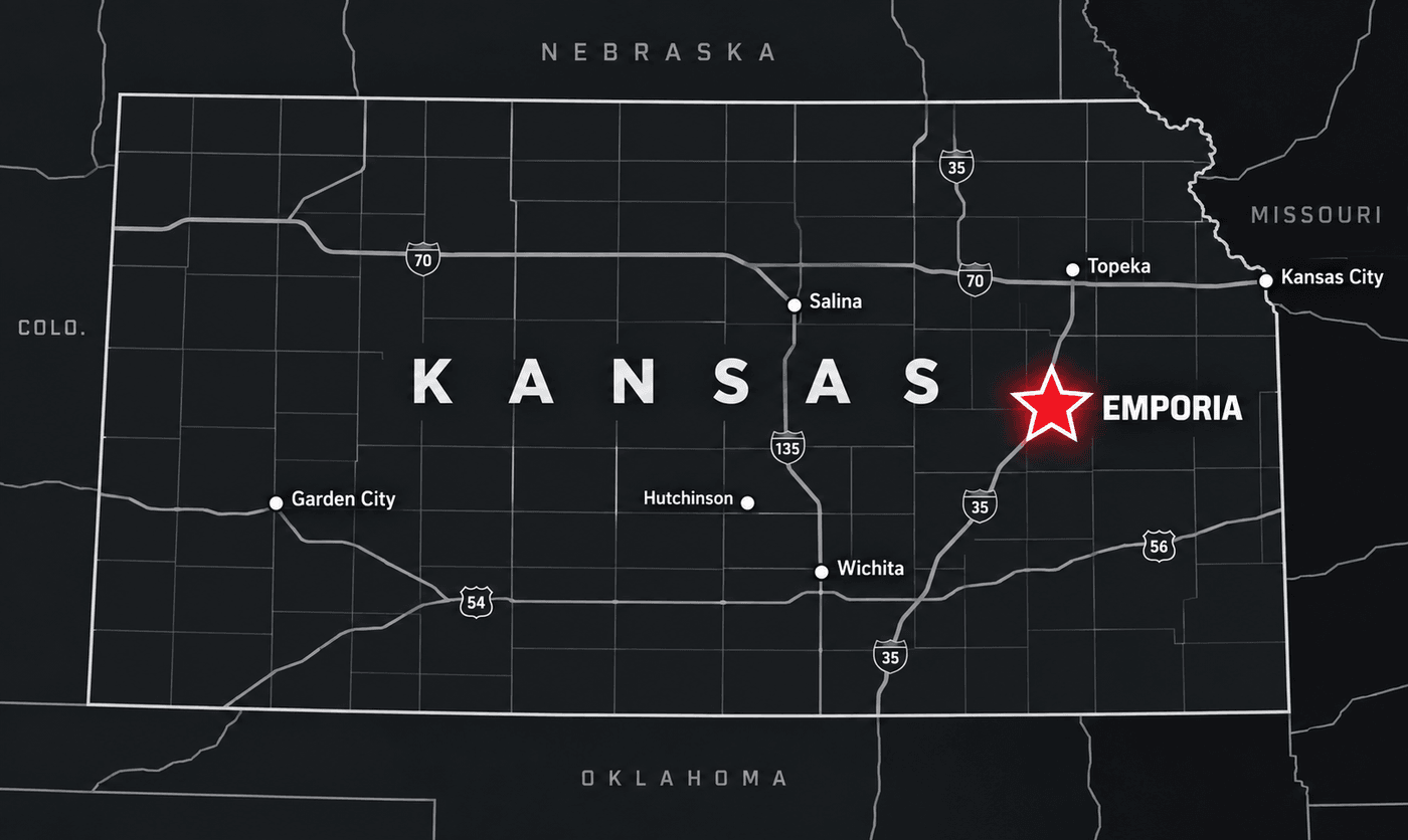 Custom Discount Dents Kansas map with a large red star marking Emporia